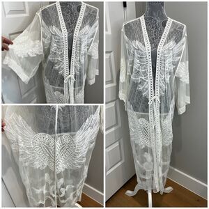 NEW Angel Wing Heart Lace Swim Cover Up Kimono One Size OS White Cream